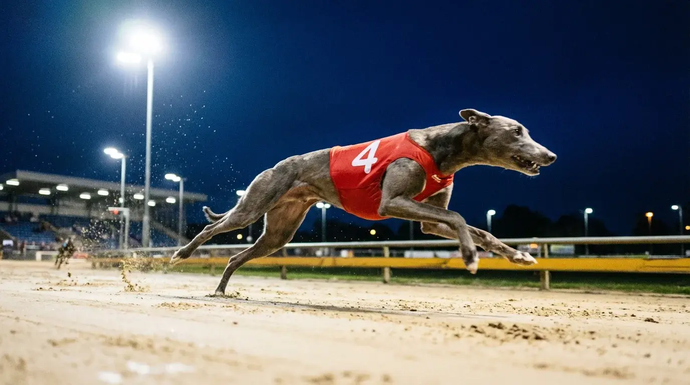 Best odds guaranteed on greyhounds — close-up of a greyhound racing on a floodlit UK track at evening