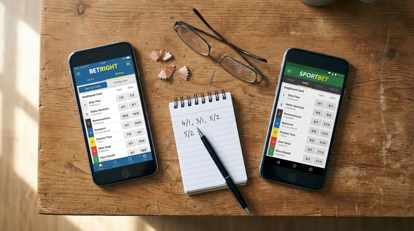 Side-by-side comparison of greyhound betting odds from different UK bookmakers