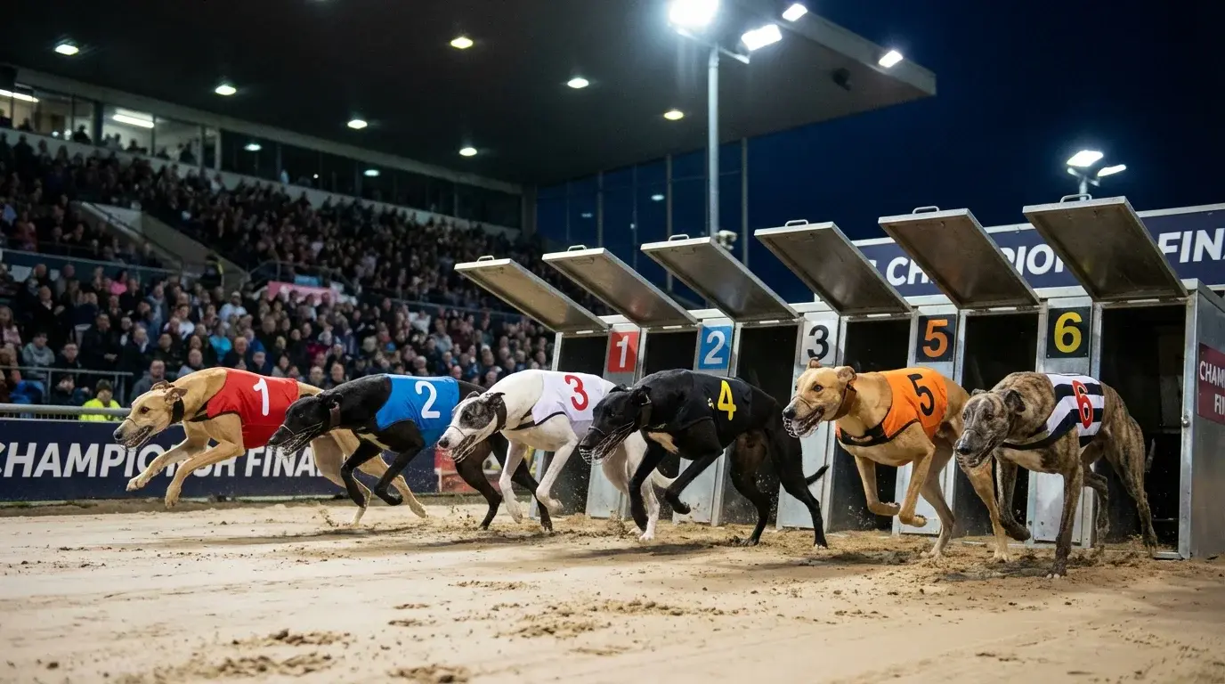 Greyhounds bursting from the starting traps at the English Greyhound Derby final