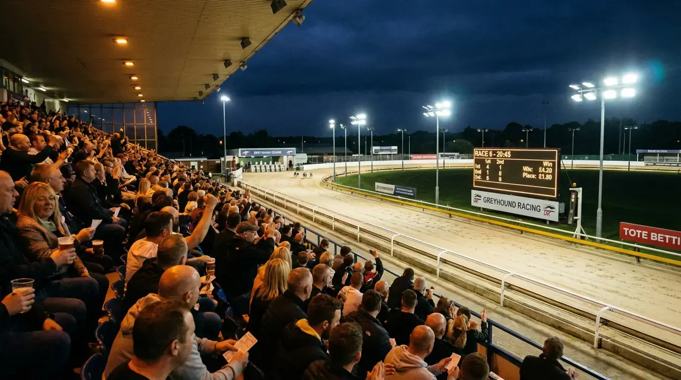 Greyhound accumulator bets — view of a busy UK greyhound stadium with multiple races on the evening card