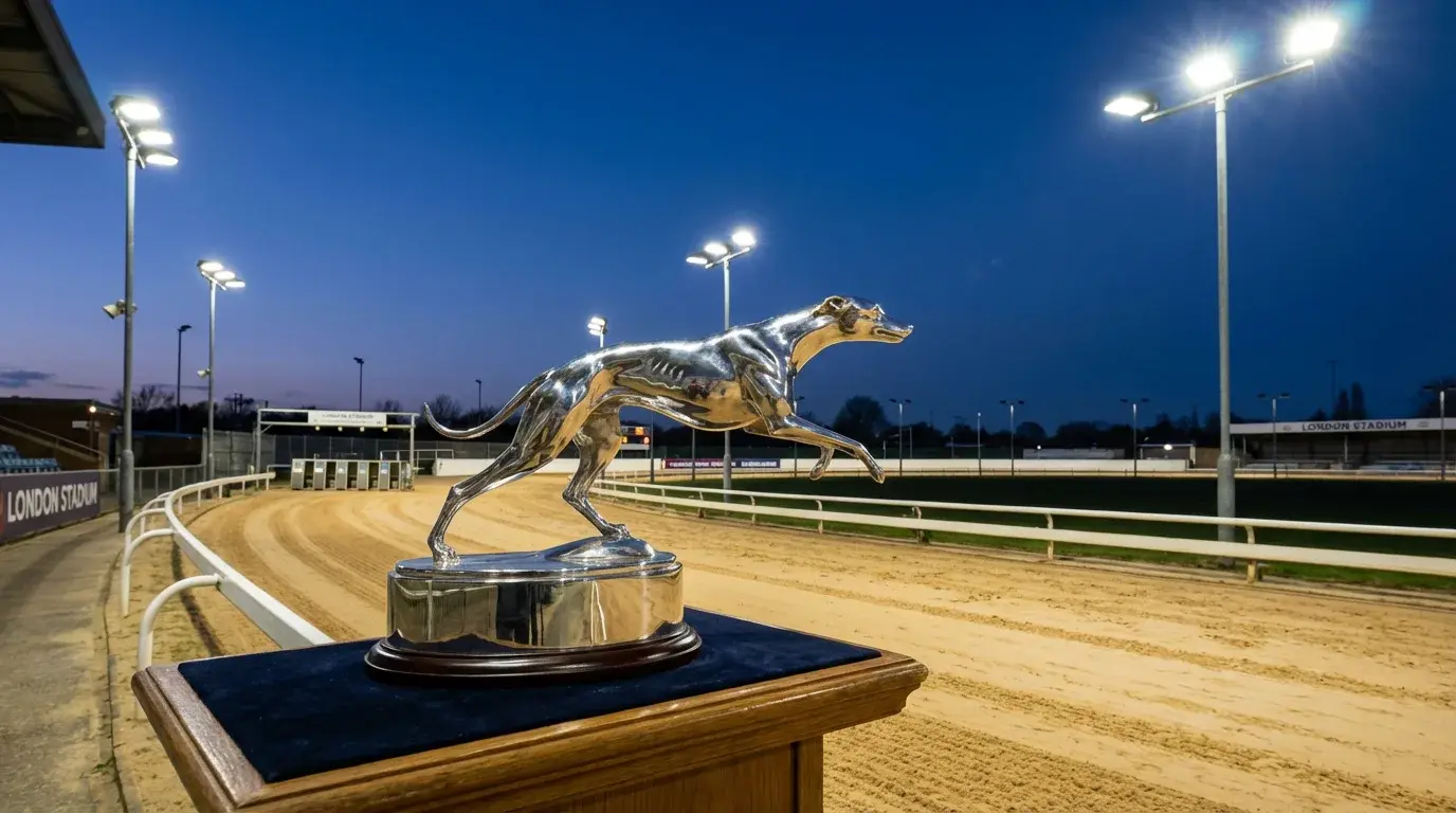 Greyhound ante-post betting — the English Greyhound Derby trophy on display beside the sand track at Towcester