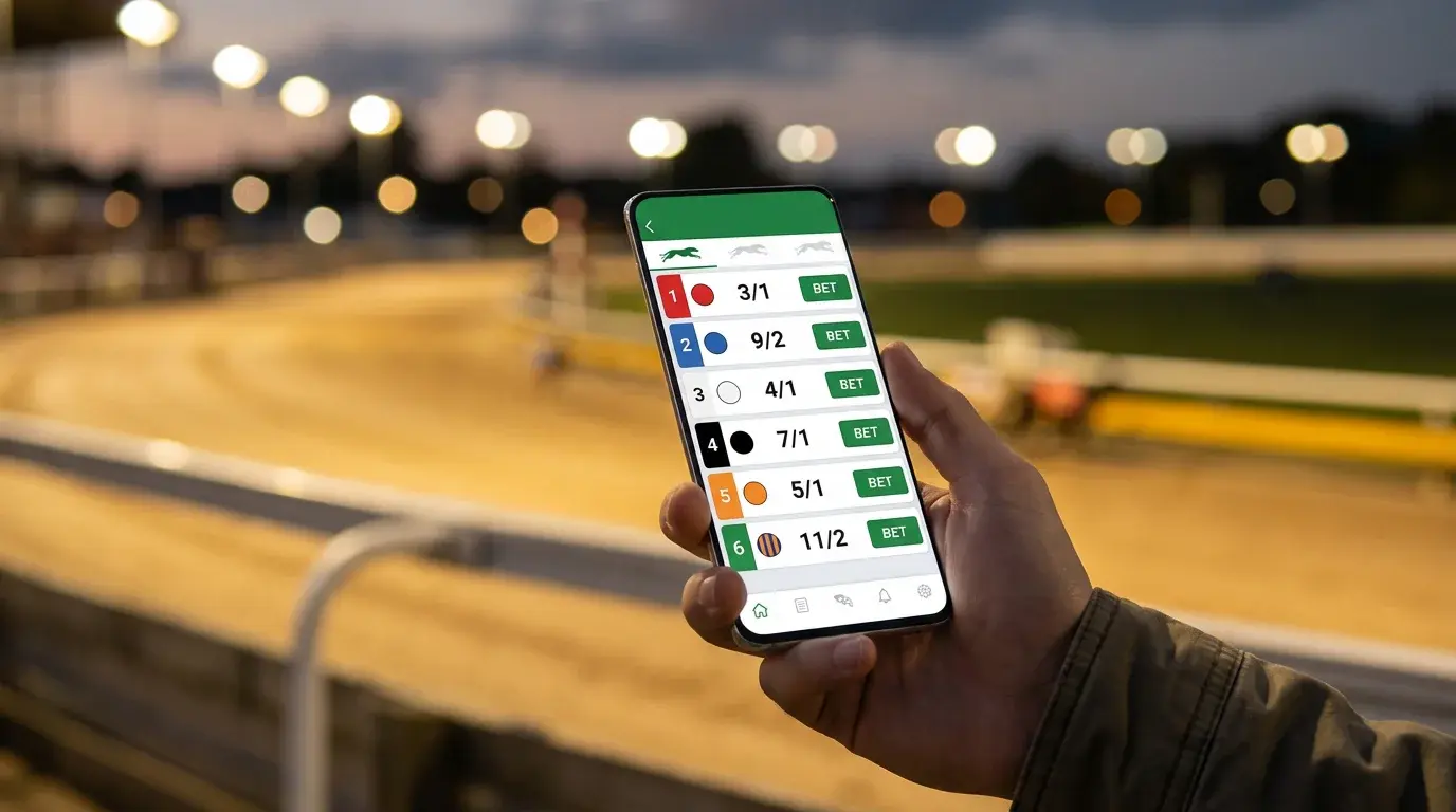 Greyhound betting apps — hand holding a smartphone showing a greyhound race card with a sand track in the background