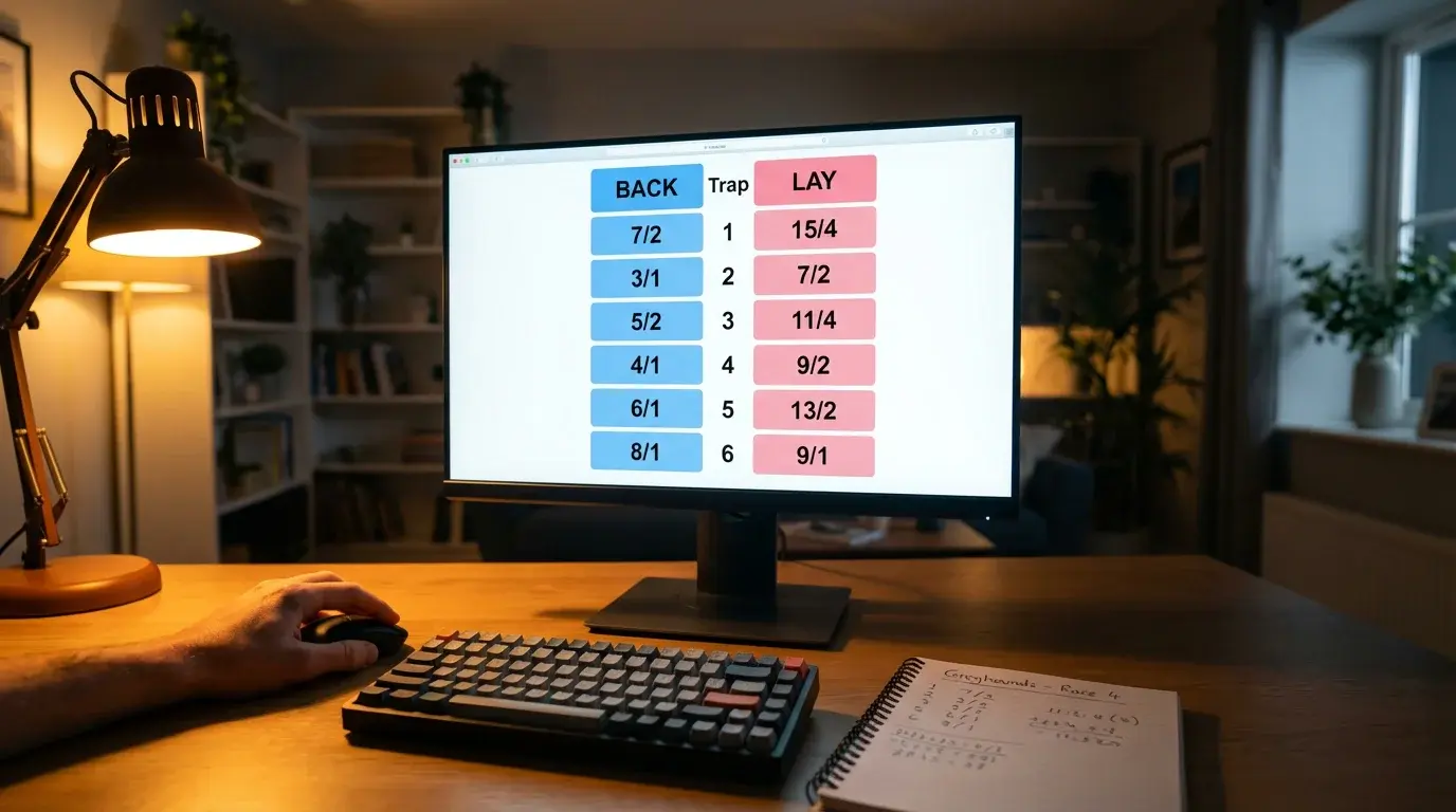 Greyhound betting exchange — close-up of a screen displaying back and lay odds columns for a six-dog race