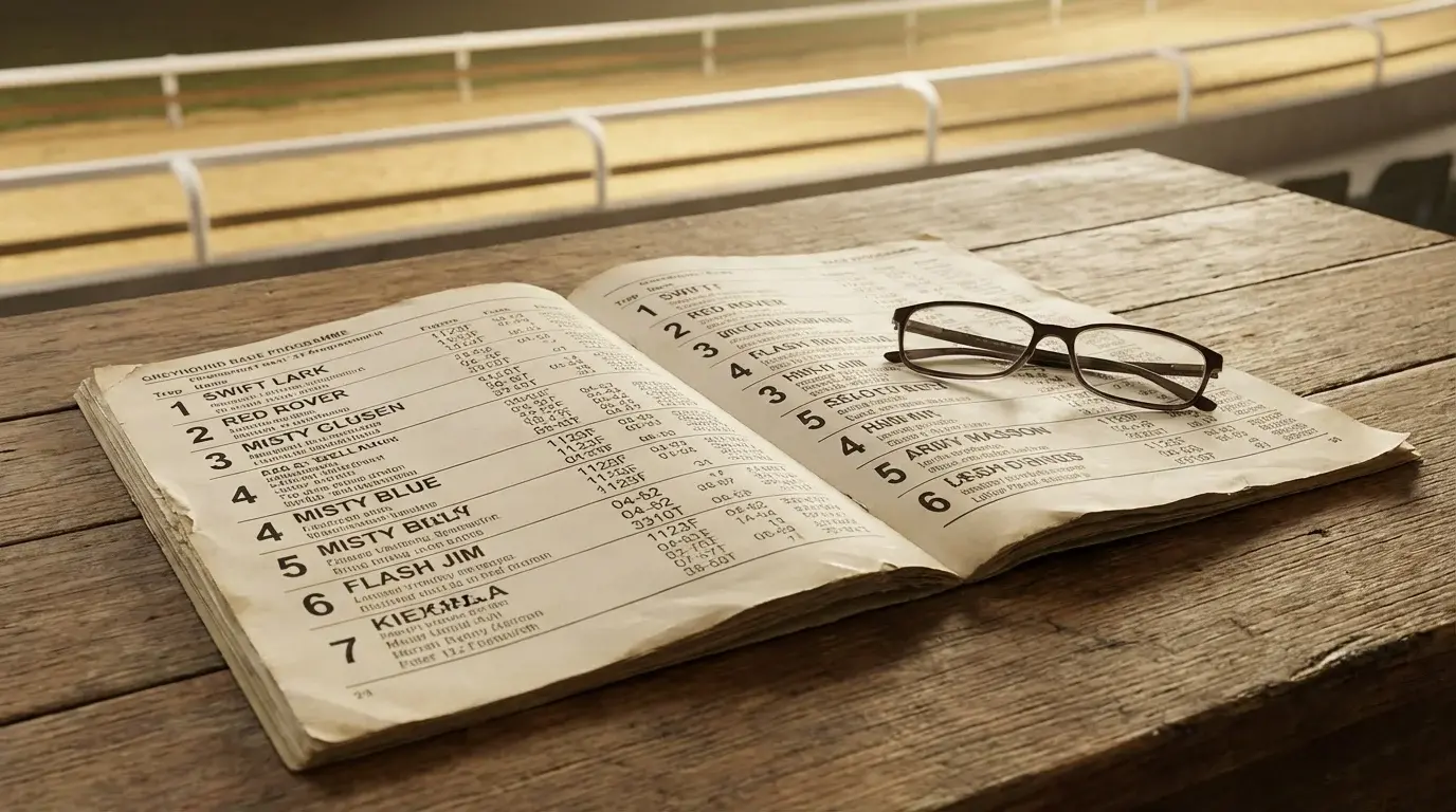 Greyhound betting glossary — open race programme with printed greyhound terminology beside a track railing
