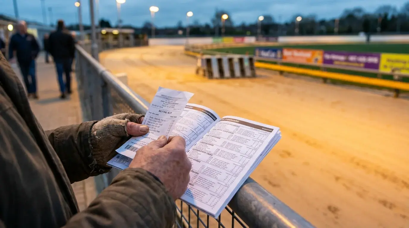 Punter holding a betting slip at a greyhound track with a race card and promotional banners visible