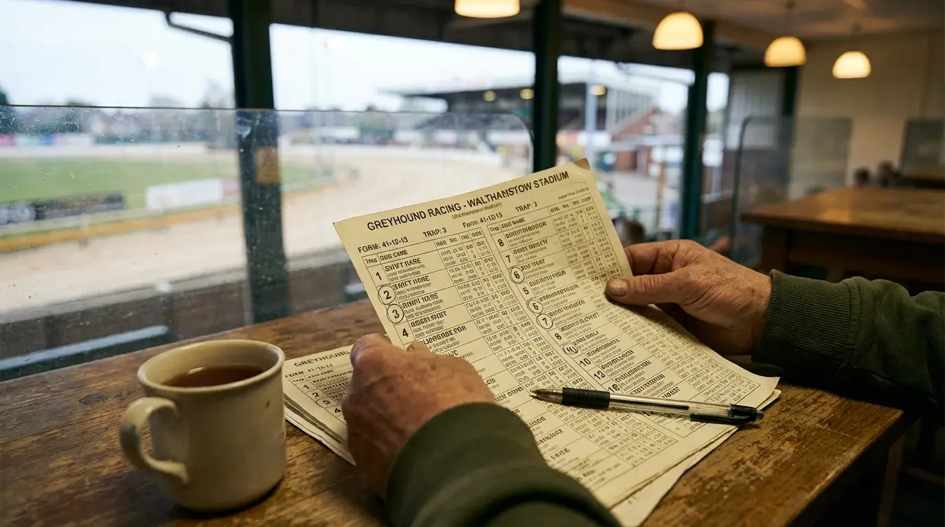 Greyhound betting strategy — punter studying a printed race card and form guide at a UK dog track