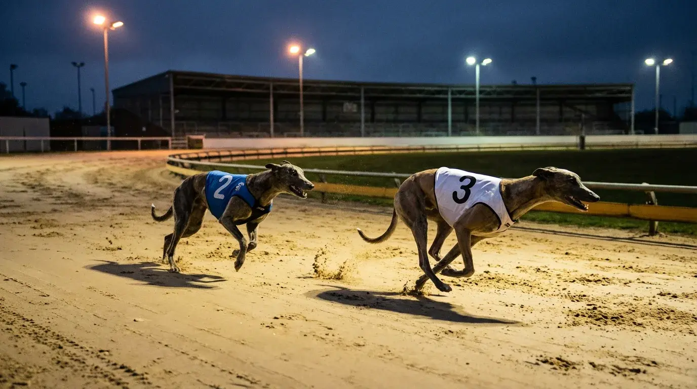 Greyhound each way betting — greyhound finishing close behind the leader on a UK sand track under floodlights