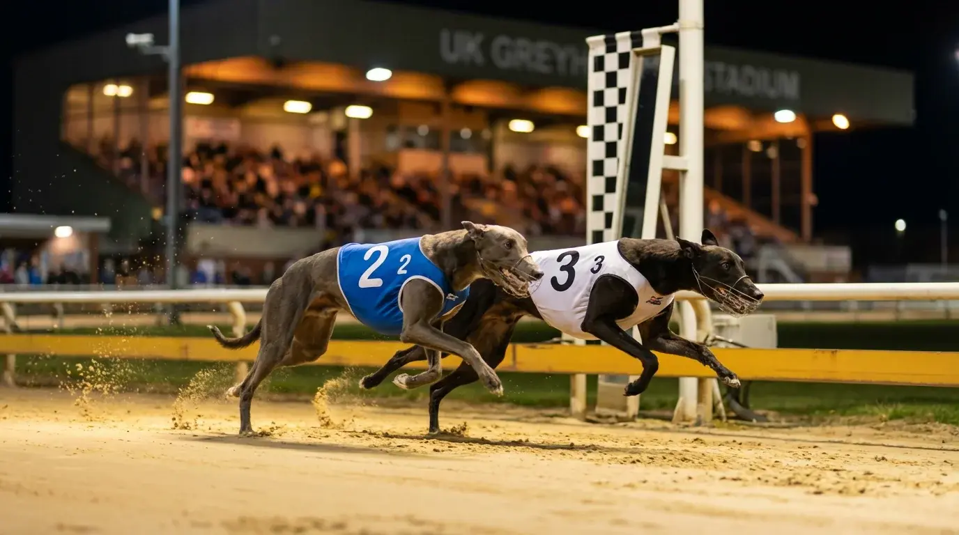 Greyhound forecast betting — two greyhounds neck and neck racing towards the finish line on a sand track