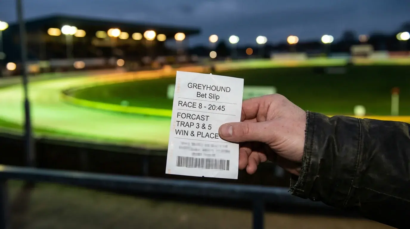 Betting slip showing a greyhound forecast bet with trap selections and potential returns