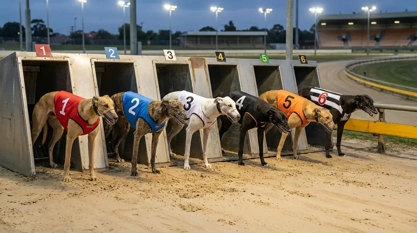 Greyhounds lined up in starting traps with numbered jackets ready for a graded race