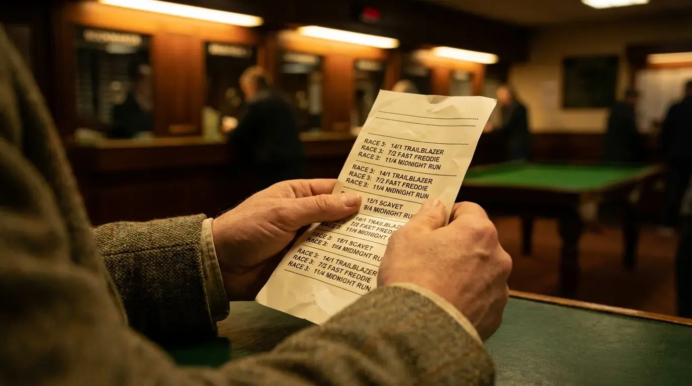 Greyhound odds calculator — punter reviewing a betting slip with fractional odds at a UK dog track