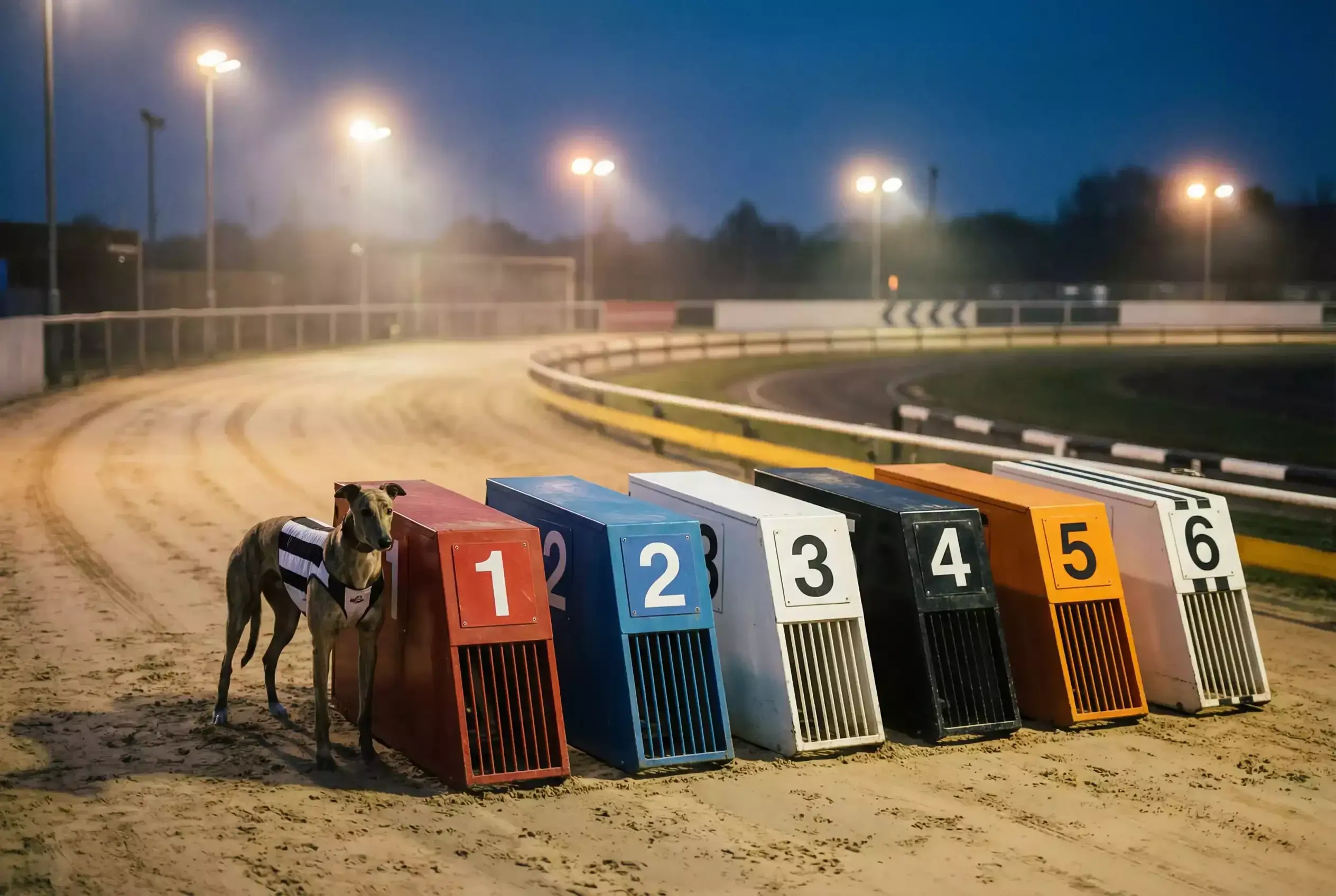 Greyhound racing at a UK dog track with six traps ready for an evening meeting