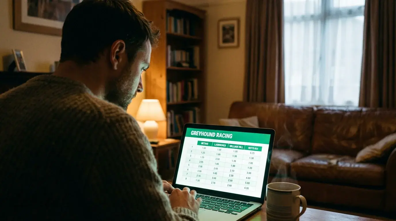 Punter checking greyhound odds on a laptop screen showing multiple bookmaker prices