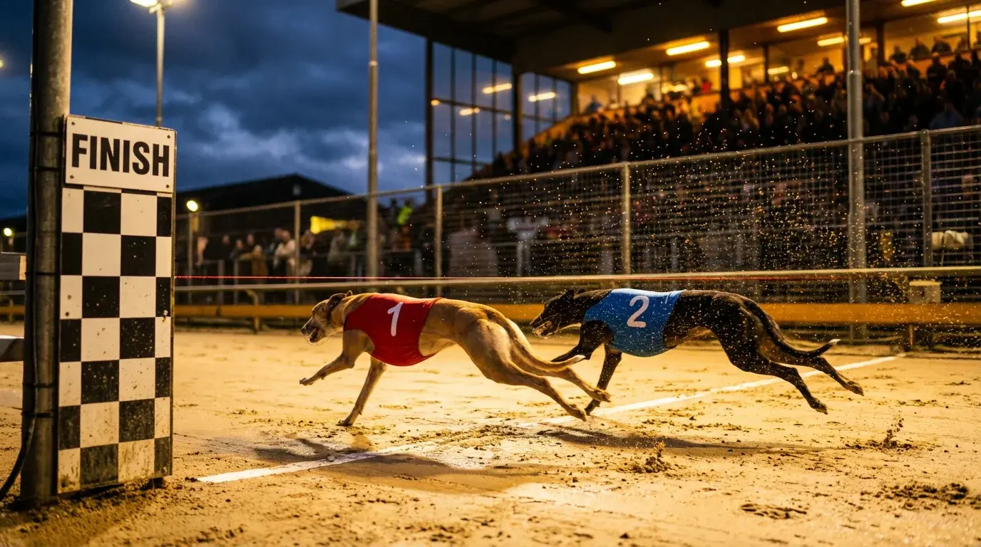 Greyhound racing results — photo-finish moment as dogs cross the line at a UK track under floodlights