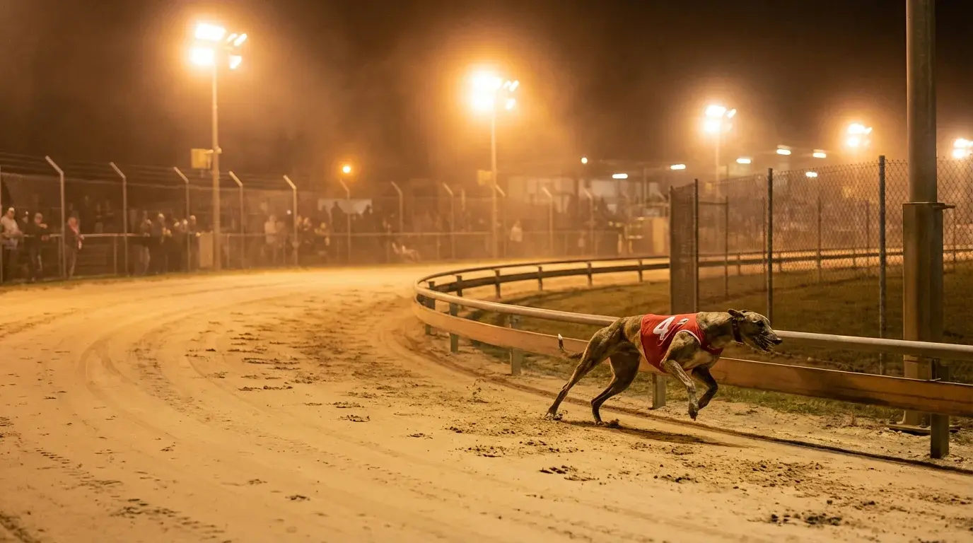 Greyhound stayer racing through a bend during a marathon distance event under evening lights