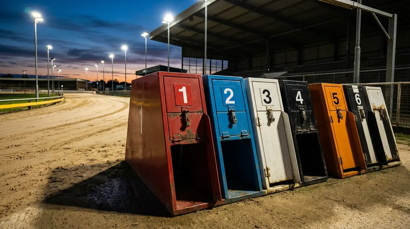 Six numbered greyhound starting traps at a UK oval track showing the rail and first bend