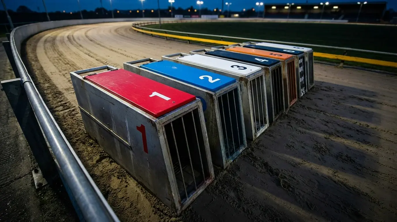 Close-up of six greyhound starting traps numbered 1 to 6 with coloured lids on a sand track