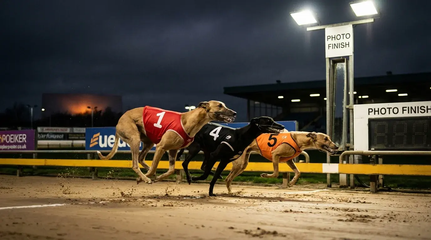 Greyhound tricast betting — three greyhounds crossing the finish line in a tight group on a floodlit track