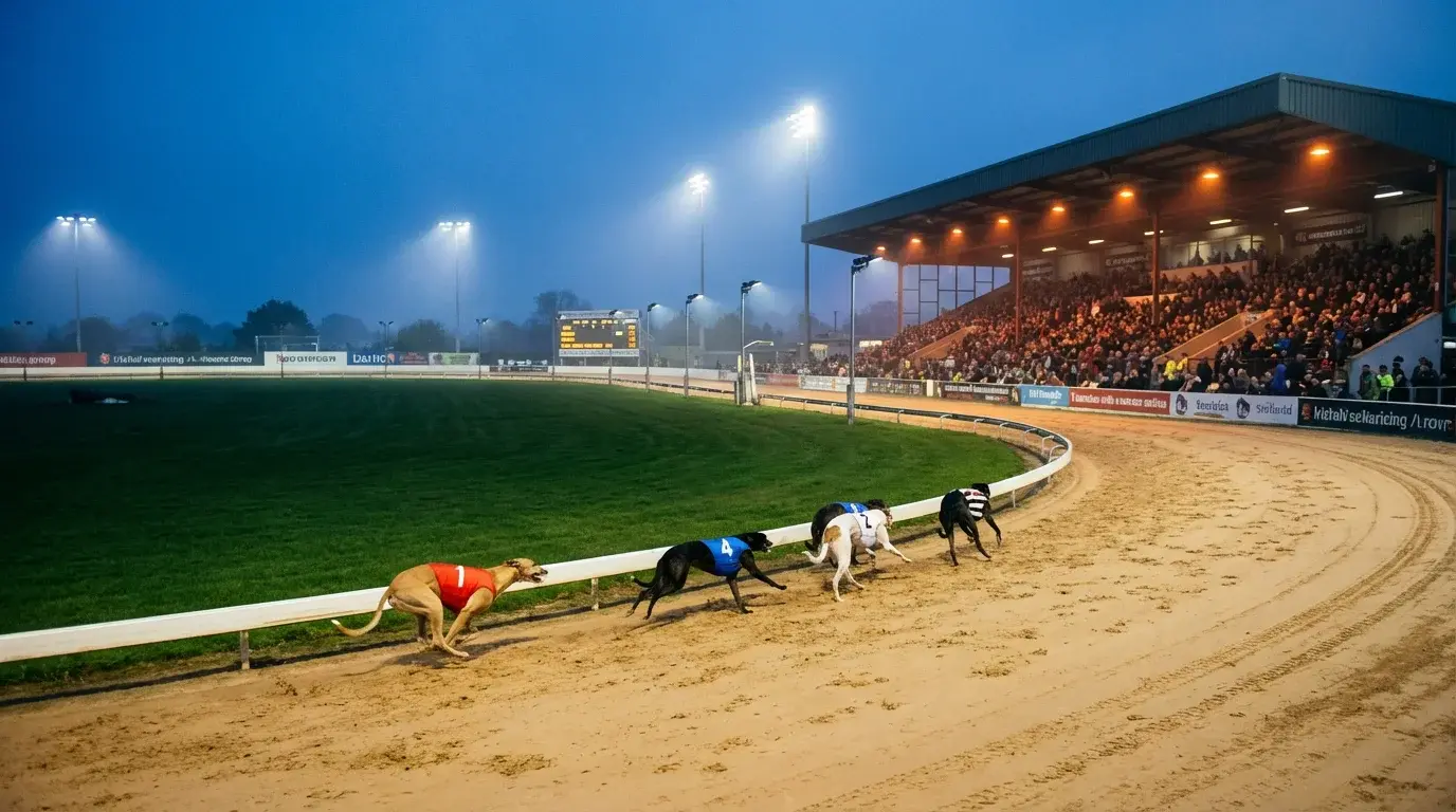Irish greyhound racing — greyhounds rounding the bend at Shelbourne Park stadium in Dublin under evening lights
