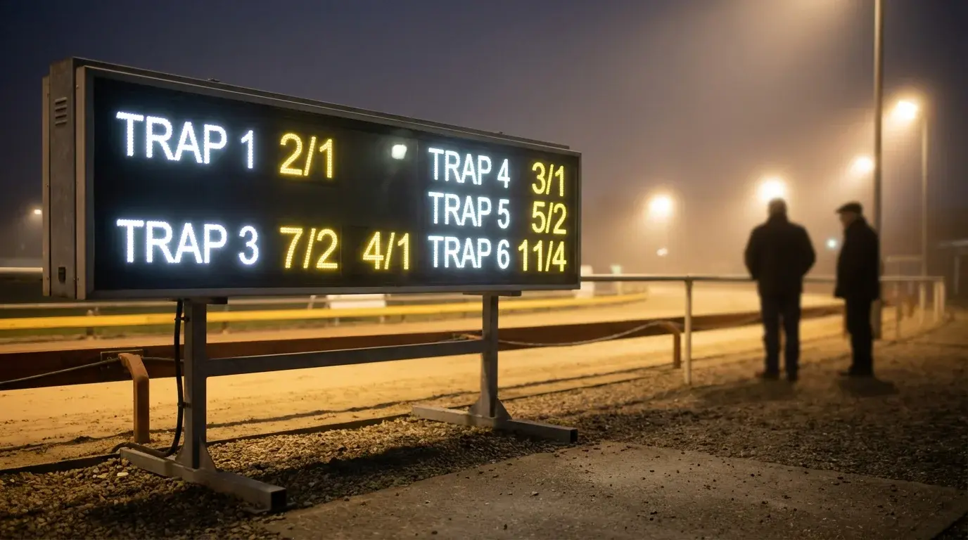 Live greyhound odds — illuminated odds board at a UK greyhound track before an evening race
