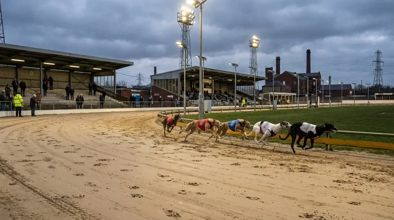 Monmore Green greyhound stadium in Wolverhampton with dogs racing on the sand track