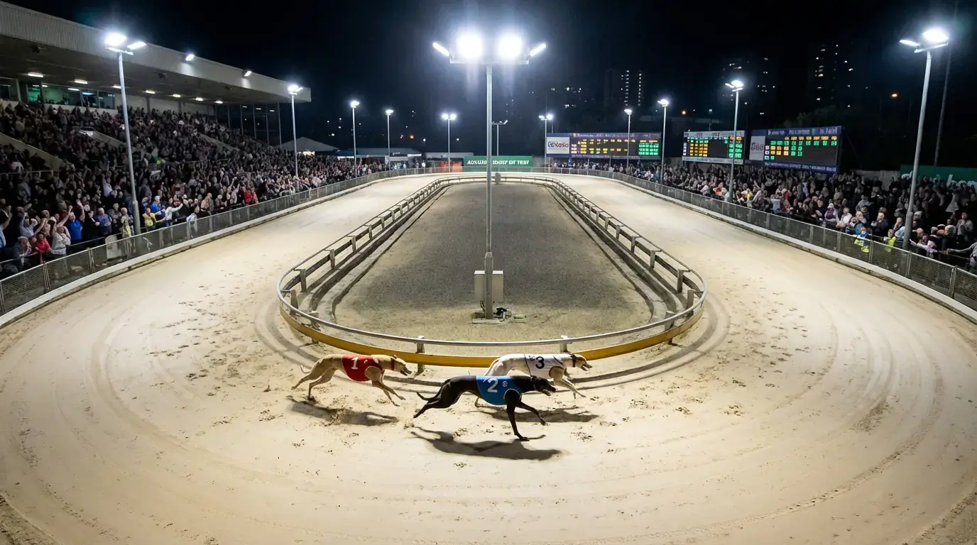 Romford greyhound track with dogs racing around a tight bend under floodlights