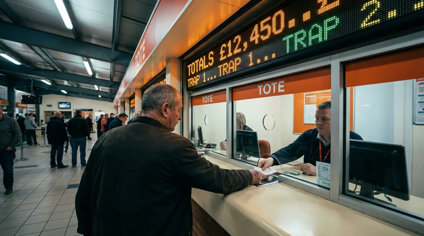 Tote betting on greyhounds — tote window counter at a UK greyhound stadium with pool totals displayed above