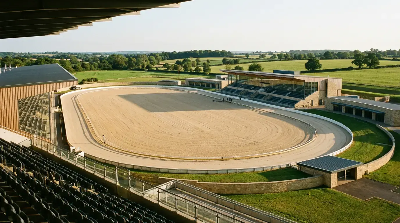Towcester greyhound racing stadium with its wide track and spacious bends in Northamptonshire