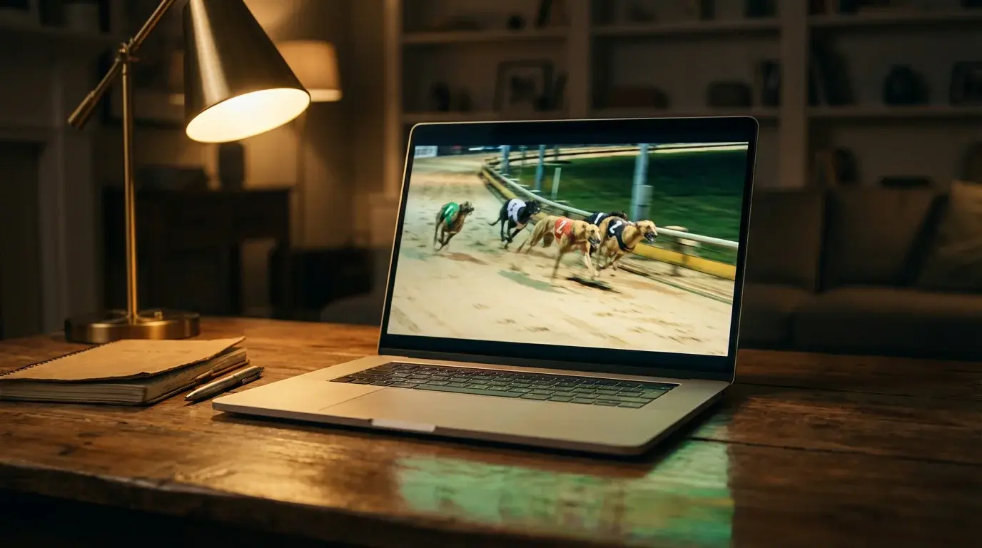 Watch greyhound racing live — close-up of a laptop screen showing a live greyhound race stream from a UK track