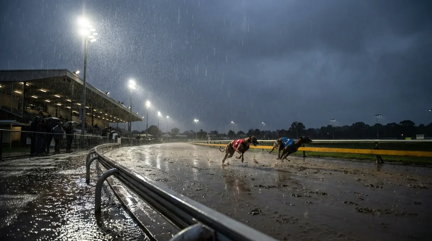 Greyhound racing on a wet sand track with rain falling under floodlights at an evening meeting